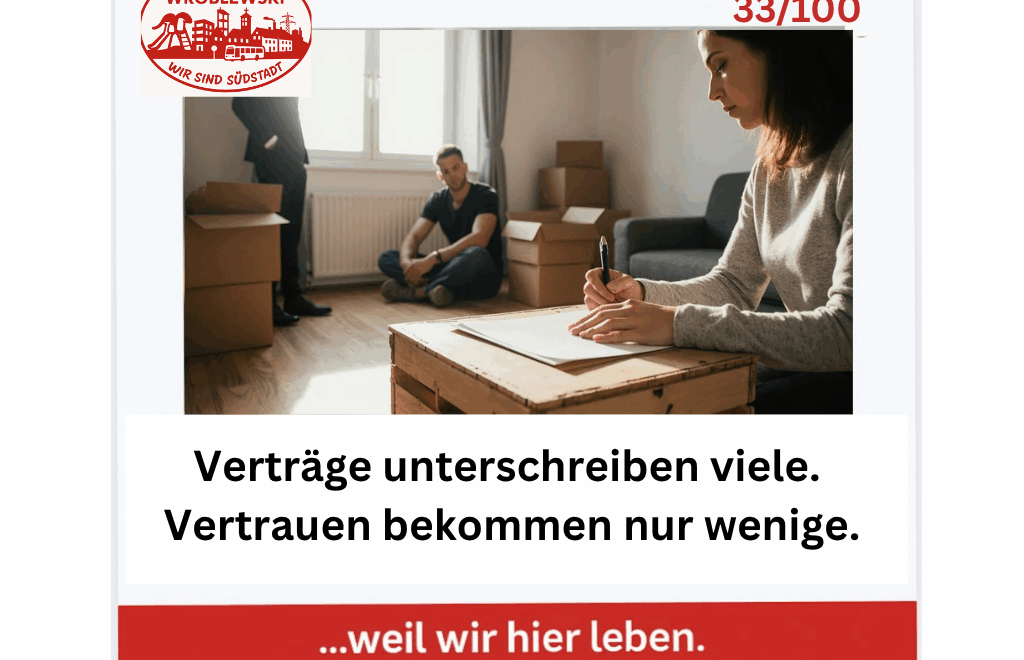 Frau unterschreibt Mietvertrag in leerer Wohnung, Mann steht im Hintergrund – Symbolbild für ungleiche Chancen auf dem Wohnungsmarkt.