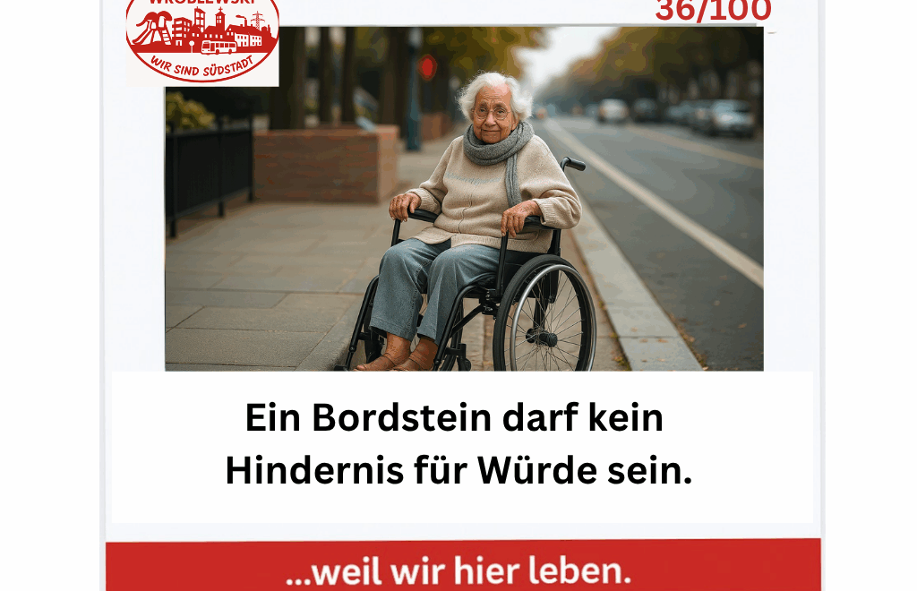 Ältere Frau im Rollstuhl an zu hoher Bordsteinkante in Paderborns Südstadt – Symbol für mangelnde Barrierefreiheit und die Bedeutung von Würde und Teilhabe.