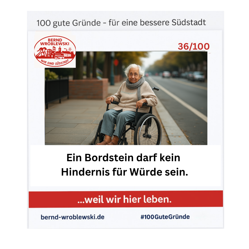 Ältere Frau im Rollstuhl an zu hoher Bordsteinkante in Paderborns Südstadt – Symbol für mangelnde Barrierefreiheit und die Bedeutung von Würde und Teilhabe.