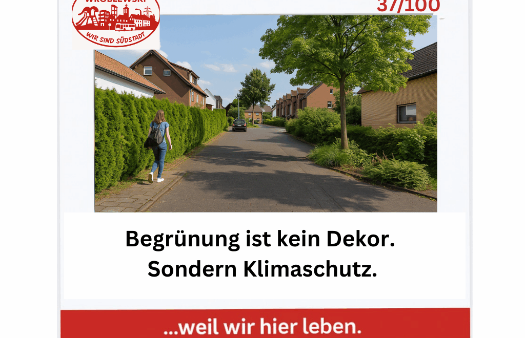 Baumgesäumte Wohnstraße mit grünen Vorgärten in der Südstadt von Paderborn – Symbol für Klimaschutz durch Begrünung