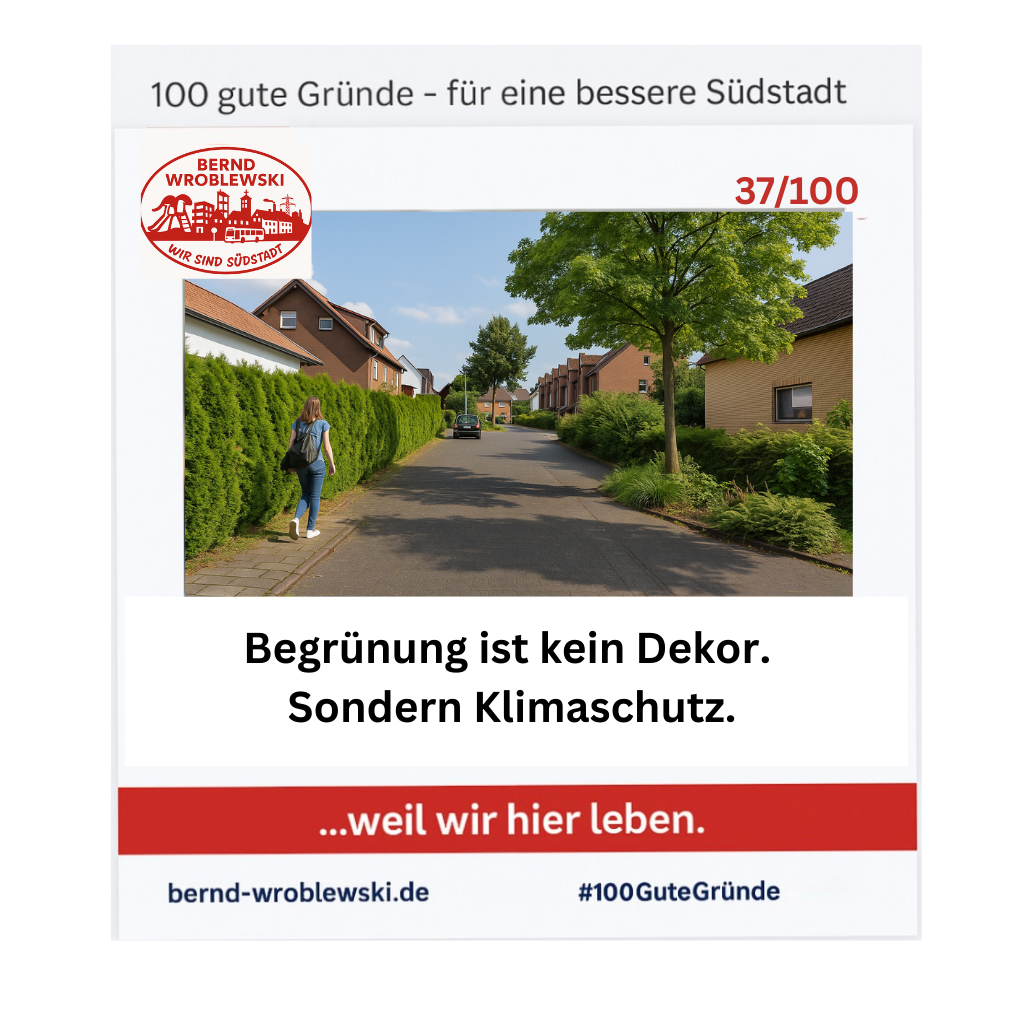 Baumgesäumte Wohnstraße mit grünen Vorgärten in der Südstadt von Paderborn – Symbol für Klimaschutz durch Begrünung