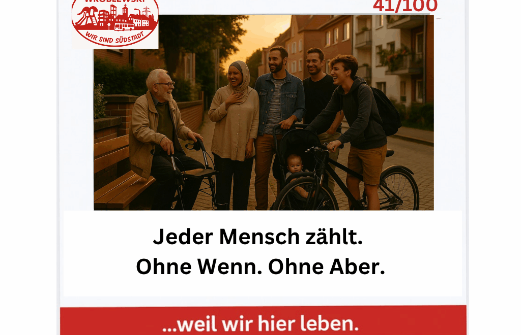 Menschen unterschiedlicher Herkunft und Generationen stehen gemeinsam auf dem Bürgersteig in Paderborns Südstadt – Symbol für Vielfalt, Respekt und Zusammenhalt.