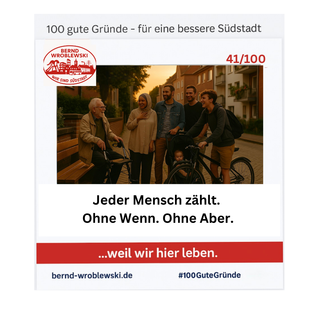 Menschen unterschiedlicher Herkunft und Generationen stehen gemeinsam auf dem Bürgersteig in Paderborns Südstadt – Symbol für Vielfalt, Respekt und Zusammenhalt.