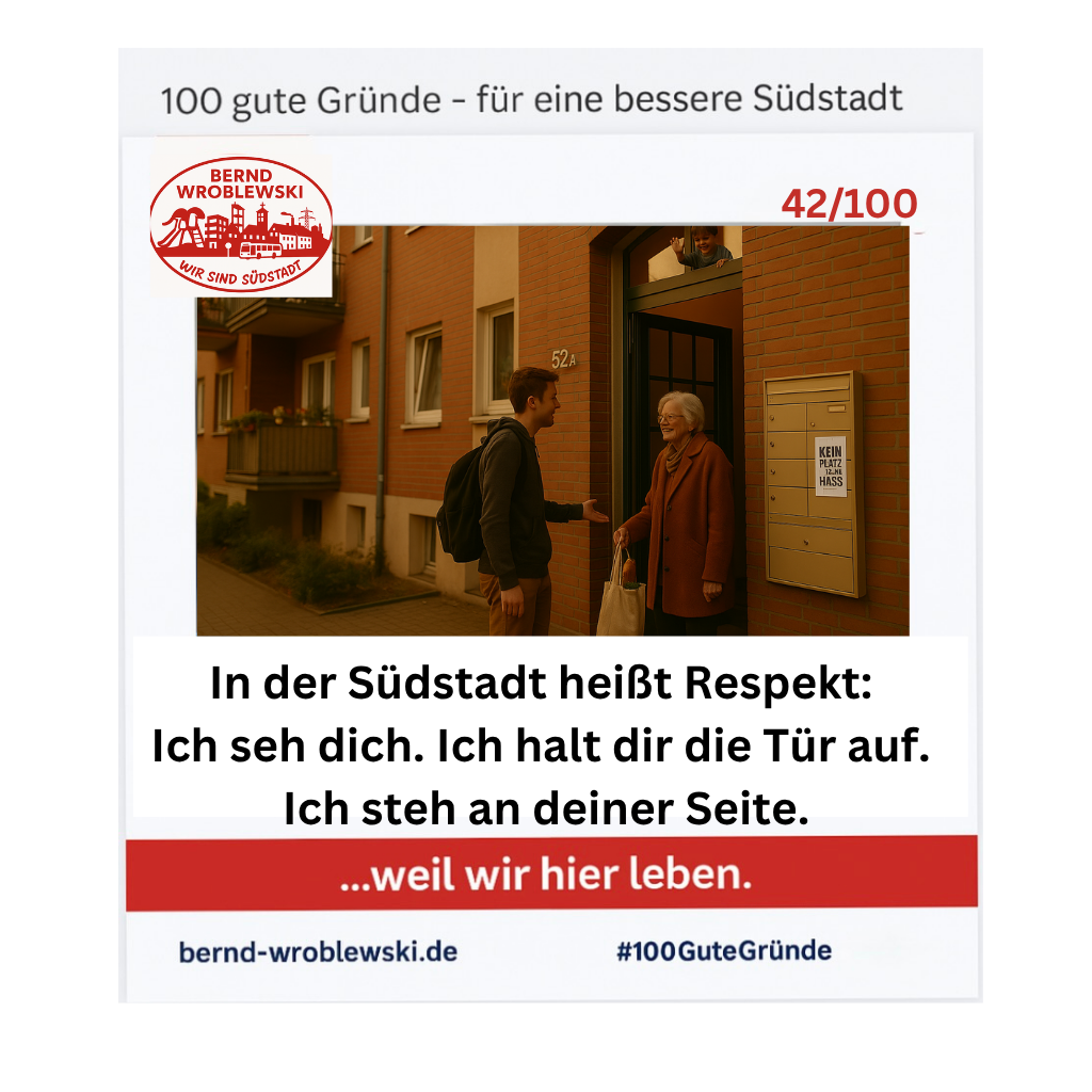 Ein junger Mann hält einer älteren Nachbarin vor einem Mehrfamilienhaus in der Südstadt die Tür auf – darüber winkt ein Kind vom Balkon.