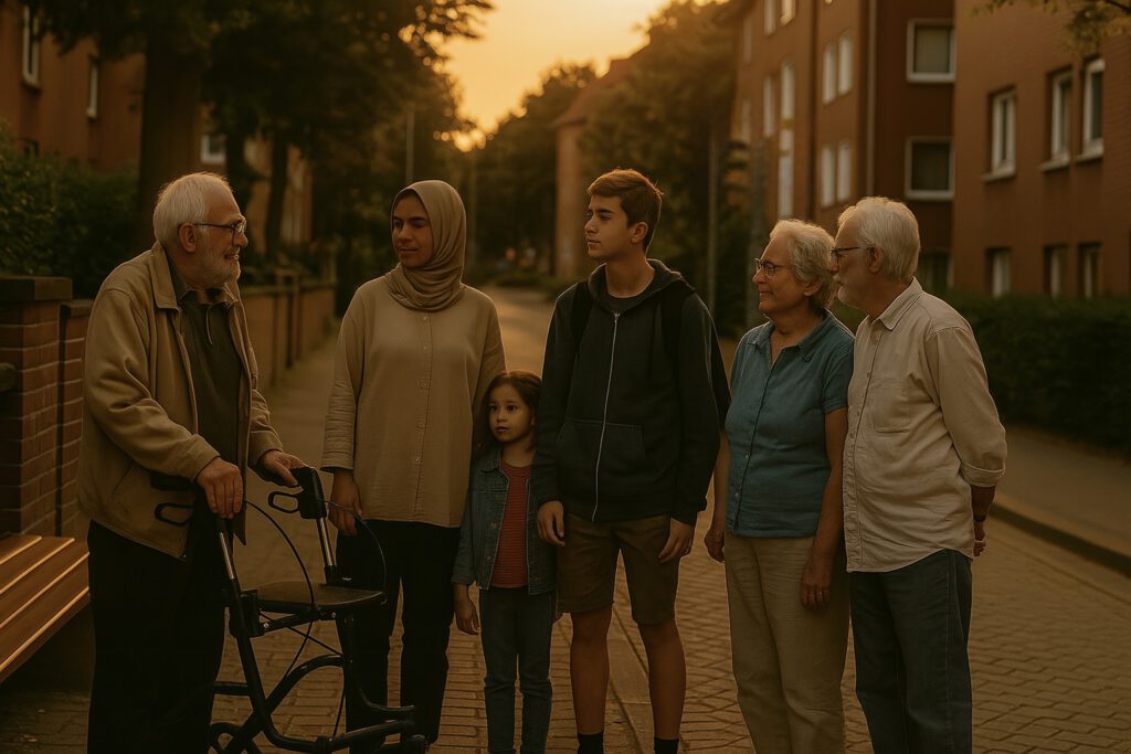 Fünf Menschen in der Südstadt stehen zusammen – ein Rollator, ein Kinderwagen, ein Fahrrad, ein echtes Miteinander