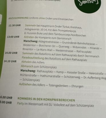 Programmauszug Schützenfest Paderborn 2025 – Samstag, 12. Juli: Sternmarsch, Aufzug des Adlers, Kommers, Party im Westernzelt