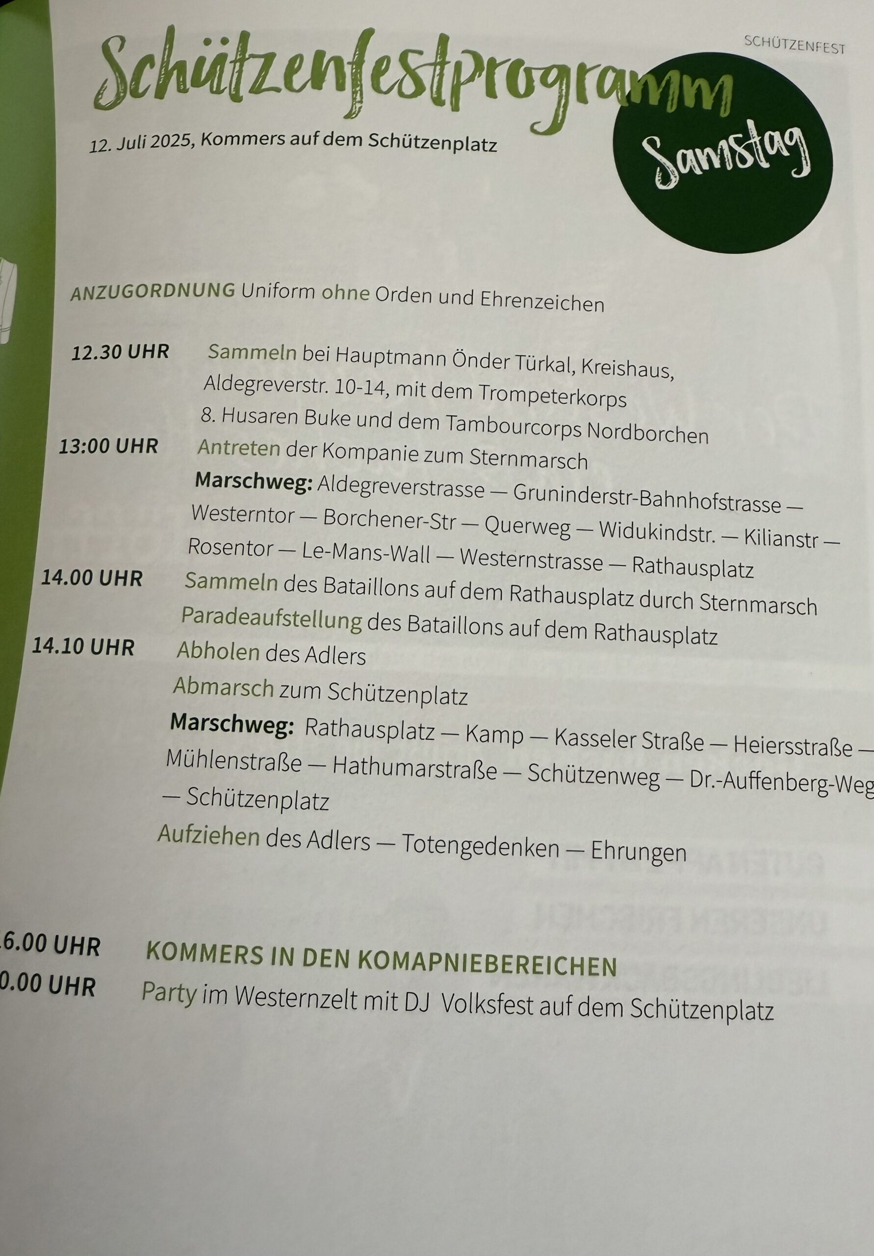 Programmauszug Schützenfest Paderborn 2025 – Samstag, 12. Juli: Sternmarsch, Aufzug des Adlers, Kommers, Party im Westernzelt