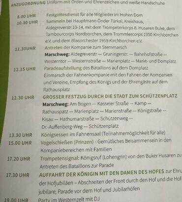Schützenfestprogramm Sonntag, 13. Juli 2025 in Paderborn – Großer Festzug, Königsessen, Auffahrt der Königin