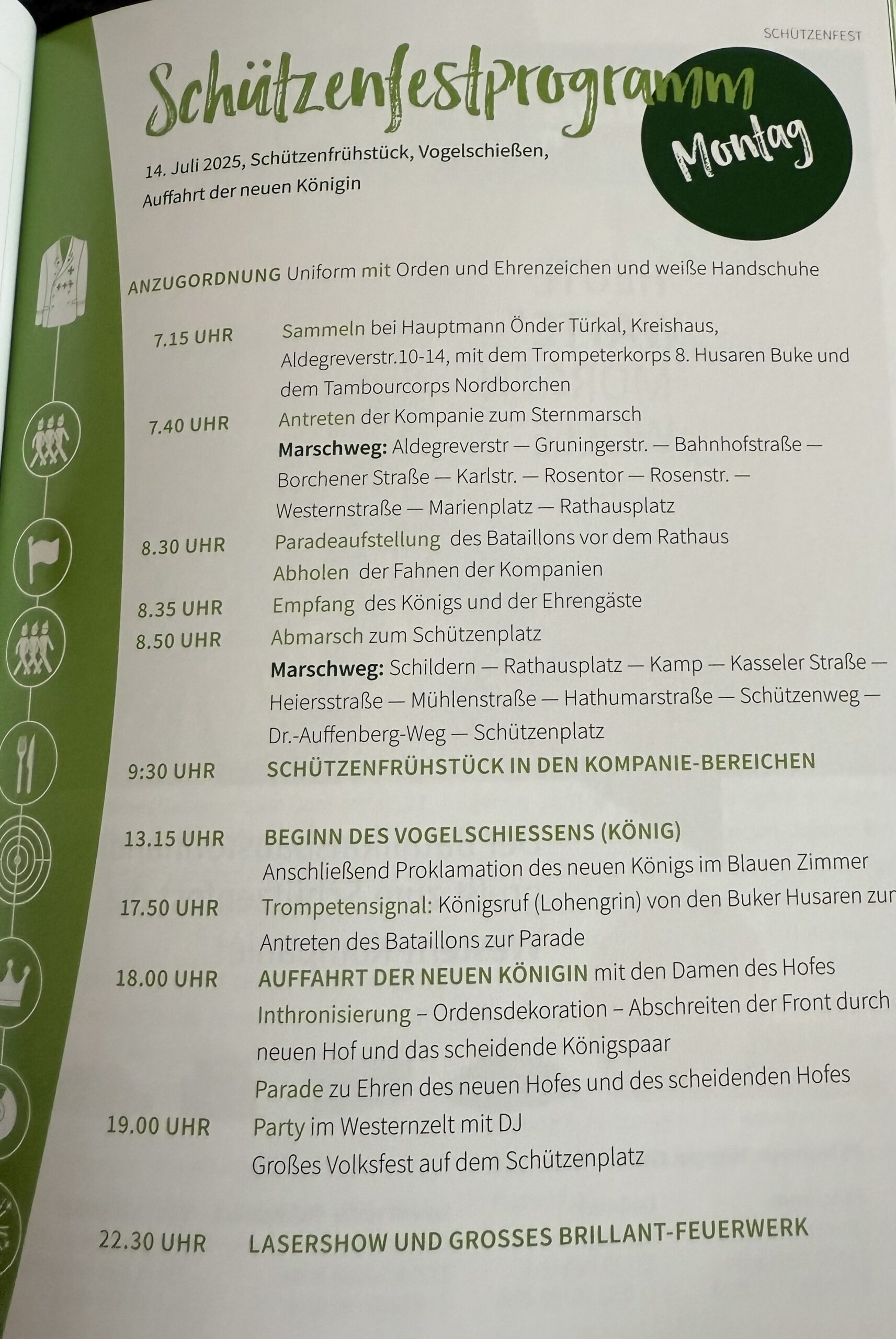 Programmplakat zum Montag beim Schützenfest Paderborn 2025 – Legendäres Schützenfrühstück, Vogelschießen, Auffahrt der neuen Königin und großes Feuerwerk