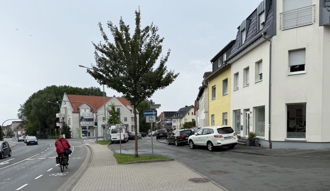 „Kreuzung an der Borchener Straße in Paderborn-Südstadt – versiegelter Platz mit wenig Begrünung, Blick auf Gebäude und Radweg“