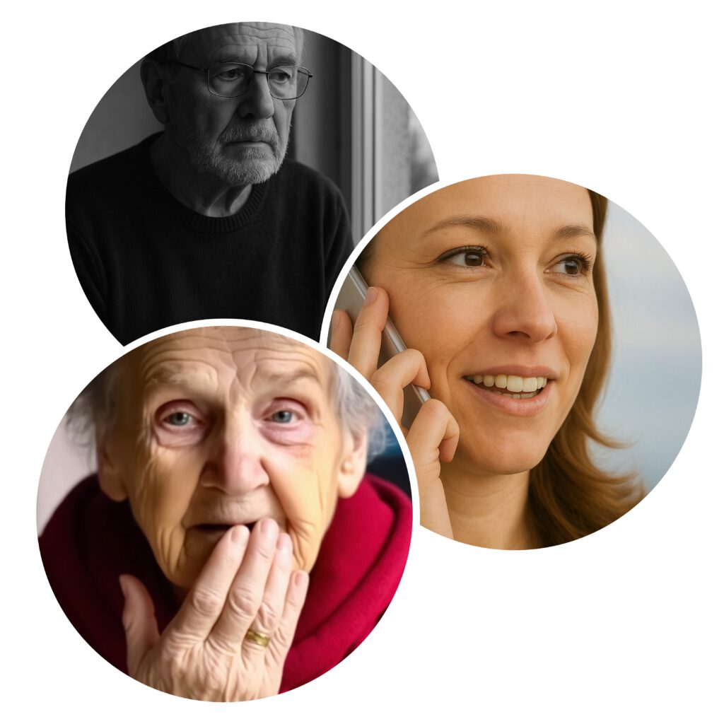 Portraits von drei Südstadtbewohner:innen – Herr K., ein älterer Mann mit Brille, Dunja, eine junge Mutter am Telefon, und Maria, eine ältere Frau mit besorgtem Blick. Sie stehen für Sichtbarkeit, Solidarität und den Alltag im Wahlkreis 9.