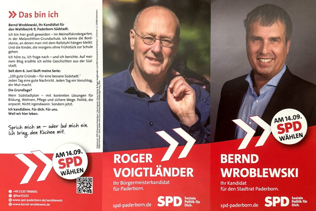 Flyer der SPD Paderborn mit Roger Voigtländer und Bernd Wroblewski, Kandidat für den Stadtrat im Wahlkreis 9 Südstadt.