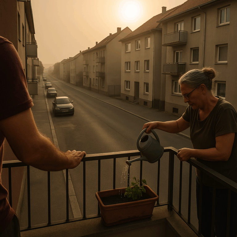 Zwei Menschen stehen auf einem Balkon in der Südstadt. Die Sonne brennt vom Himmel. Eine Frau gießt eine vertrocknete Pflanze, während der Mann auf eine triste, graue Straße ohne Bäume oder Schatten blickt.