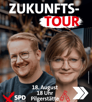 SPD Zukunftstour Paderborn am 18. August 2025 um 18 Uhr in der Pilgerstätte mit Sarah Philipp (Vorsitzende der NRWSPD) und Landratskandidat Mathias Fiedler – Austausch über soziale Gerechtigkeit und Zukunft unserer Stadt.