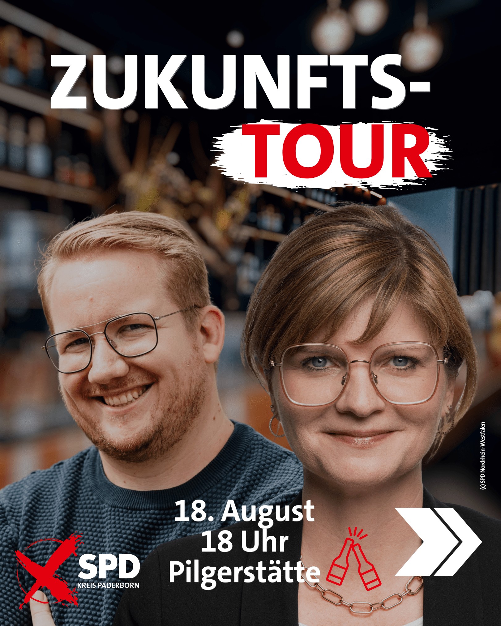 SPD Zukunftstour Paderborn am 18. August 2025 um 18 Uhr in der Pilgerstätte mit Sarah Philipp (Vorsitzende der NRWSPD) und Landratskandidat Mathias Fiedler – Austausch über soziale Gerechtigkeit und Zukunft unserer Stadt.