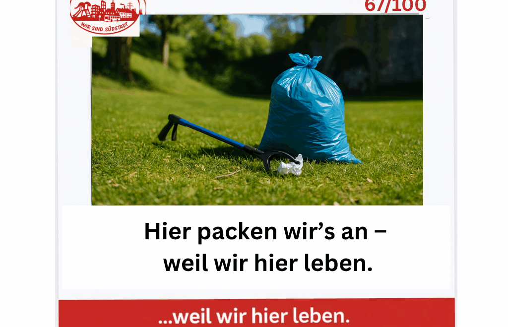 Blauer Müllsack mit Greifzange auf einer grünen Wiese – Symbol für gemeinsames Anpacken in der Südstadt Paderborn