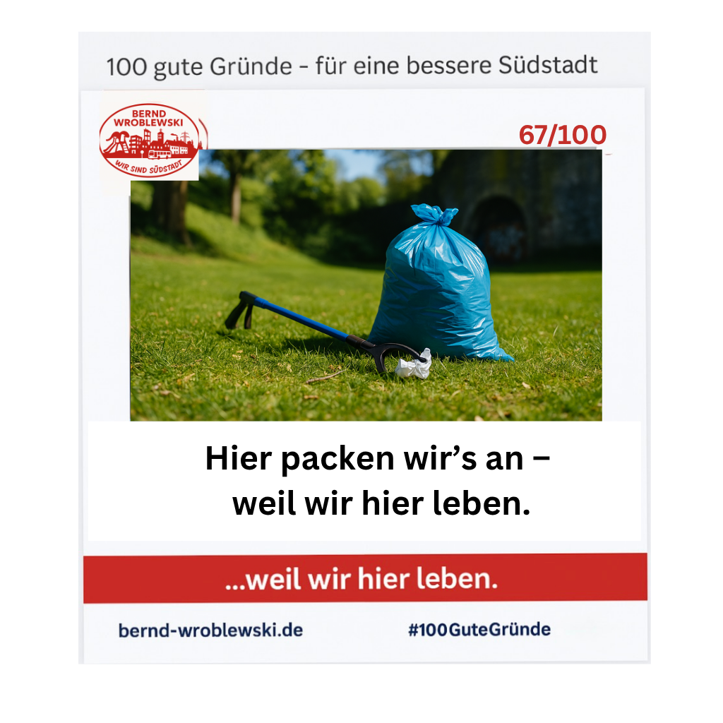 Blauer Müllsack mit Greifzange auf einer grünen Wiese – Symbol für gemeinsames Anpacken in der Südstadt Paderborn