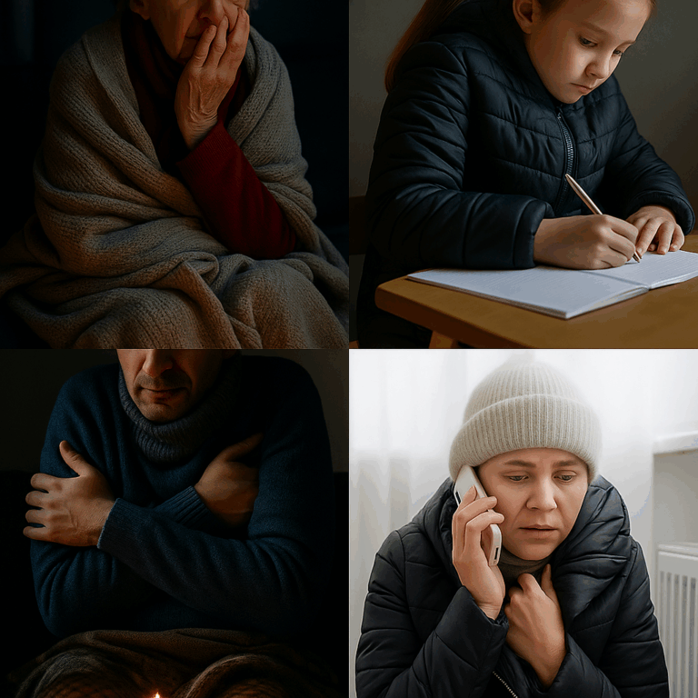 „Collage aus vier Fotos: eine alte Frau mit Decke, ein Kind mit Winterjacke in der Schule, eine pflegebedürftige Person im Rollstuhl, eine Frau mit Pullover im Bett – Symbol für verdeckte Armut und Energiearmut in Paderborn.“