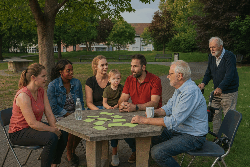 Politik auf Augenhöhe in der Südstadt – Menschen im Gespräch am Tisch im Bürgerpark Paderborn.