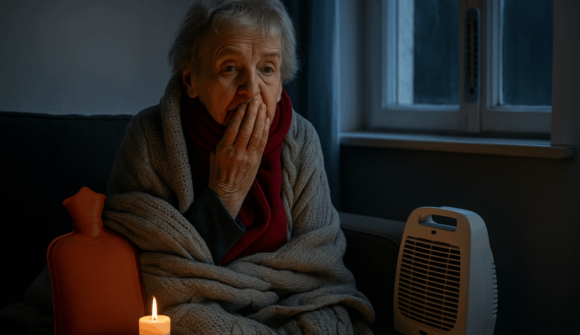 Ältere Frau sitzt eingehüllt in eine Decke mit Schal und Wärmflasche im Wohnzimmer, nur eine Kerze brennt, der Heizlüfter ist ausgeschaltet – Symbol für Energiearmut in Paderborn.