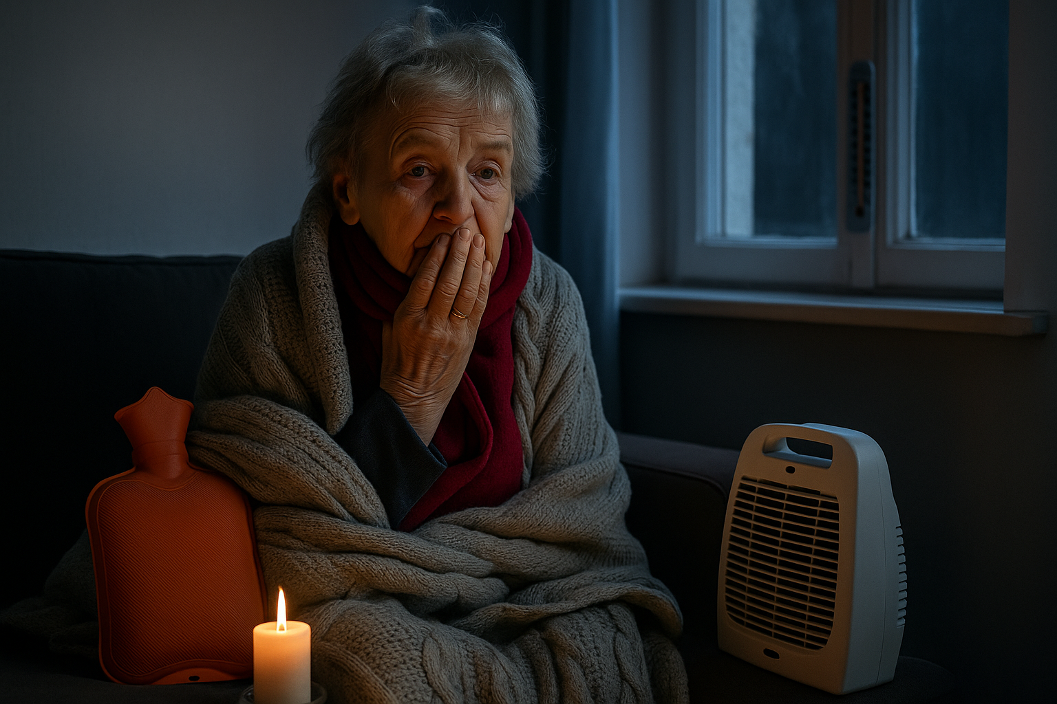 Ältere Frau sitzt eingehüllt in eine Decke mit Schal und Wärmflasche im Wohnzimmer, nur eine Kerze brennt, der Heizlüfter ist ausgeschaltet – Symbol für Energiearmut in Paderborn.
