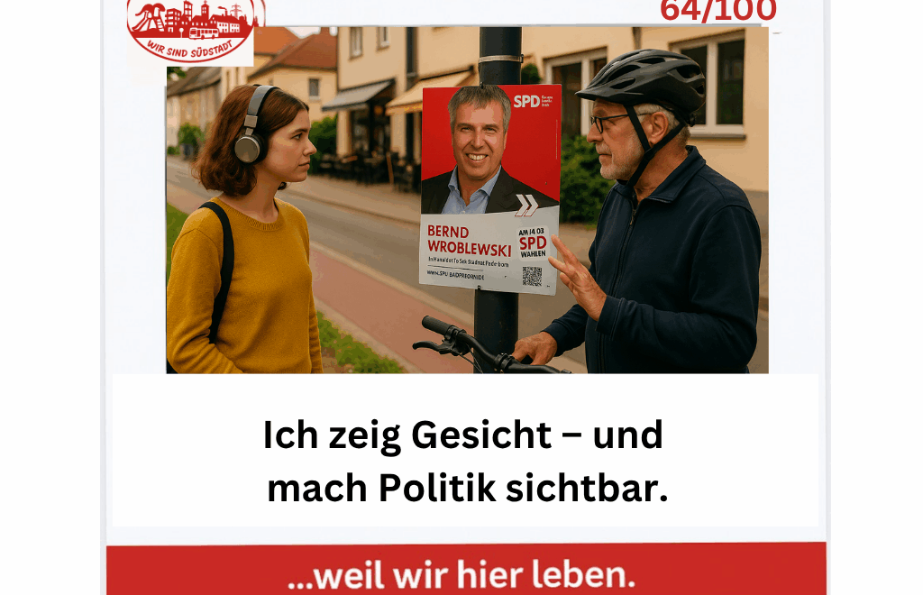 Bernd Wroblewski zeigt Gesicht – Wahlplakat in der Südstadt Paderborn wird betrachtet