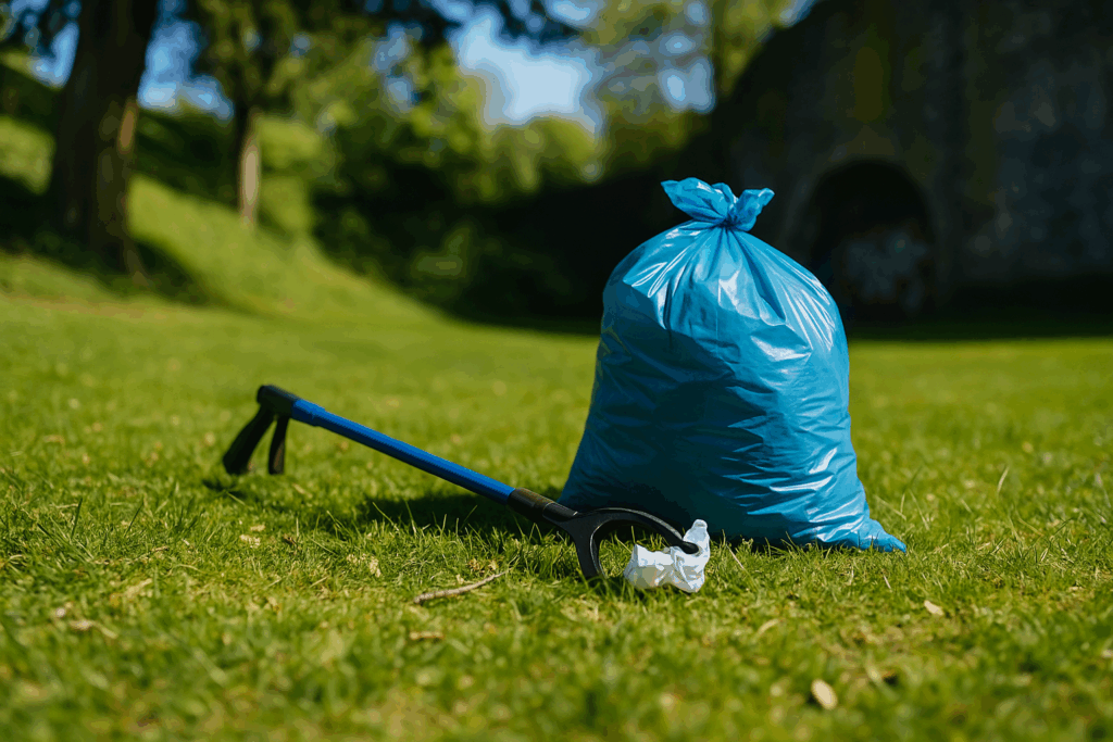 Blauer Müllsack und Müllgreifer auf einer grünen Wiese bei einer Müllsammelaktion in der Paderborner Südstadt