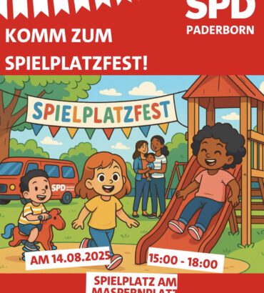 Bunte Einladung der SPD Paderborn zum Spielplatzfest am 14. August 2025 auf dem Spielplatz am Maspernplatz mit spielenden Kindern, Rutsche, Schaukelpferd und fröhlicher Atmosphäre.