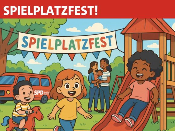 Bunte Einladung der SPD Paderborn zum Spielplatzfest am 14. August 2025 auf dem Spielplatz am Maspernplatz mit spielenden Kindern, Rutsche, Schaukelpferd und fröhlicher Atmosphäre.