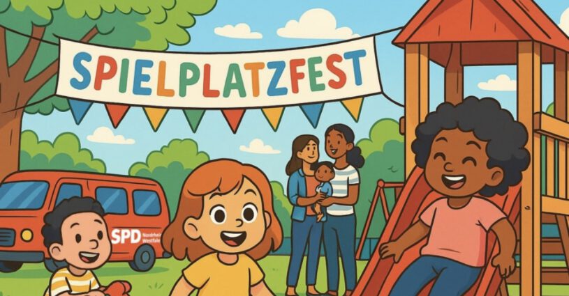 Bunte Einladung der SPD Paderborn zum Spielplatzfest am 14. August 2025 auf dem Spielplatz am Maspernplatz mit spielenden Kindern, Rutsche, Schaukelpferd und fröhlicher Atmosphäre.