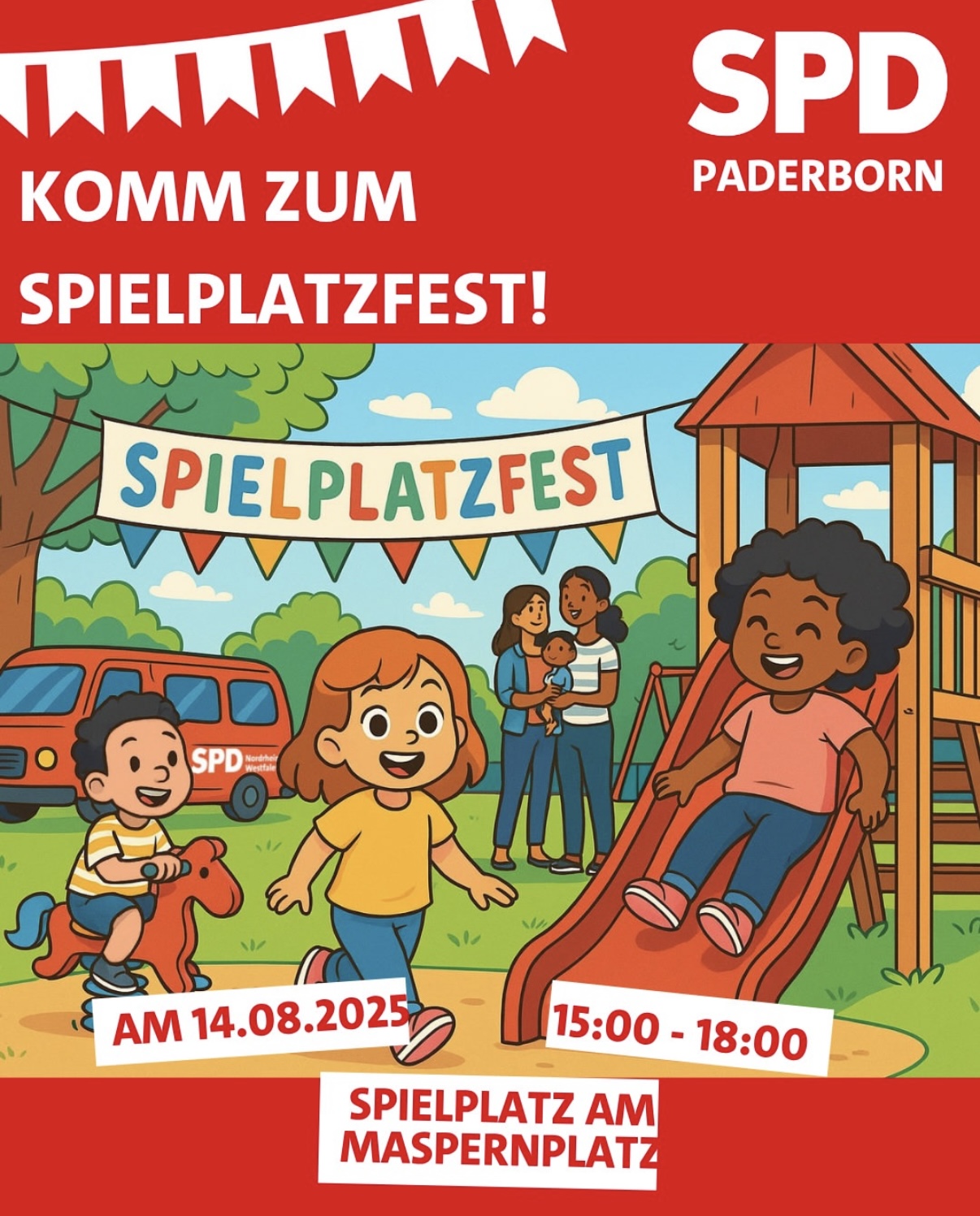 Bunte Einladung der SPD Paderborn zum Spielplatzfest am 14. August 2025 auf dem Spielplatz am Maspernplatz mit spielenden Kindern, Rutsche, Schaukelpferd und fröhlicher Atmosphäre.