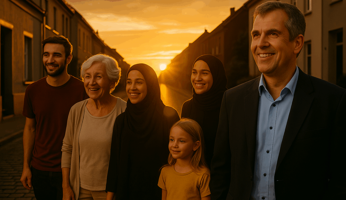 Bernd Wroblewski geht mit Nachbarn bei Sonnenaufgang durch die Südstadt – Symbol für Zusammenhalt und Aufbruch vor der Wahl.