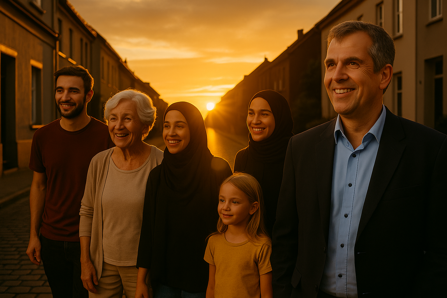 Bernd Wroblewski geht mit Nachbarn bei Sonnenaufgang durch die Südstadt – Symbol für Zusammenhalt und Aufbruch vor der Wahl.