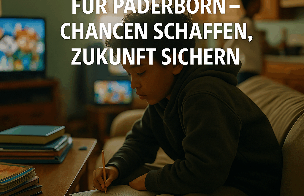 Kind macht Hausaufgaben im engen Wohnzimmer – Symbolbild für bezahlbaren Wohnraum in Paderborn